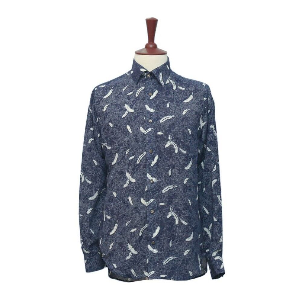 Mens Silky Shirt Button Up Blue White Feather Animal Print Hawaiian Beach Medium
